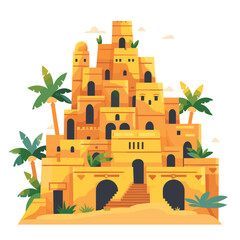 Desert castle vector illustration featuring ancient fortress architecture, sand, palm trees. Cartoon style desert palace amongst dunes under clear sky, yellow green color scheme. Flat design ancient