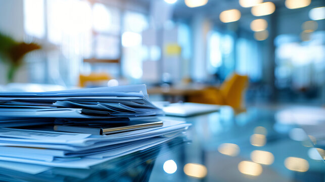 Close-up of a stack of paperwork on a work table, with a vibrant office setting softly out of focus