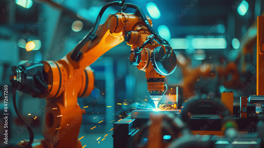 Leinwandbilder high-tech manufacturing setting utilizes a robotic arm for precise welding