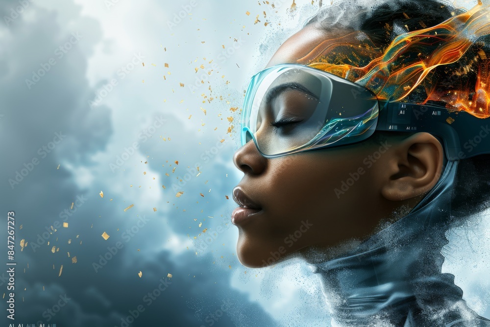 Poster creative ai concept with digital elements and abstract holographic interface on dark background