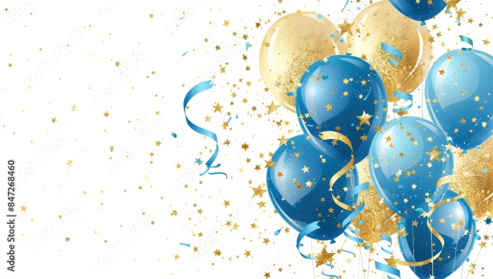 Poster abstract background with balloons, stars and ribbons in gold blue colors on white background banner 