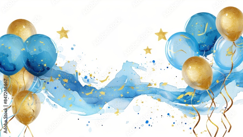 Poster abstract background with balloons, stars and ribbons in gold blue colors on white background banner 