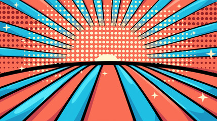 Retro comic pop art style with radial sunburst, vintage illustration and bold colorful design