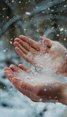 Fototapeta premium Winter Hand Care: Thick Protective Balm Application in Cold, Snowy Environment for Skin Protection