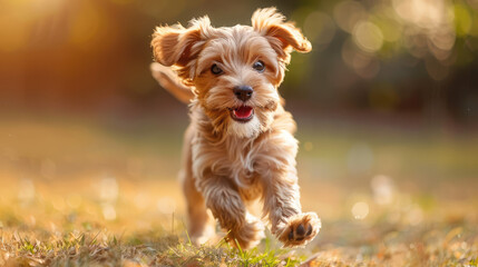 A playful puppy running in a sunny park, capturing joy and energy