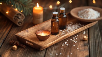 Aromatic oils and candles create a cozy, festive ambiance for relaxation. Perfect for holiday content, home lifestyle blogs, stress relief articles, and seasonal marketing.