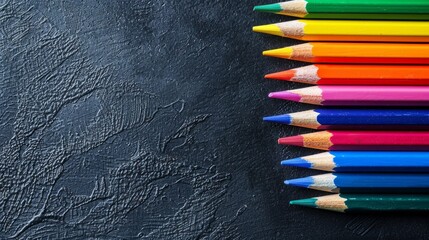 Close up of rainbow coloured pencils with copy space on black background