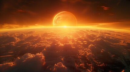 Surreal Sunset Over Cloud-Covered Alien Planet with Rising Moon - ai generative