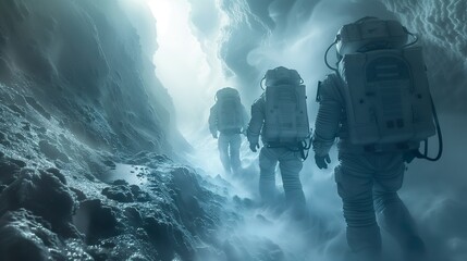 Astronauts Trekking Through Icy Misty Cavern on Alien Planet - ai generative
