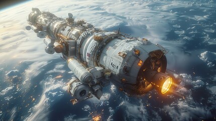 Futuristic Spacecraft Orbiting Earth with Detailed Exterior Design - ai generative