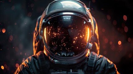 Close-Up of Astronaut Helmet Reflecting Fiery Particles in Dark Space - ai generative