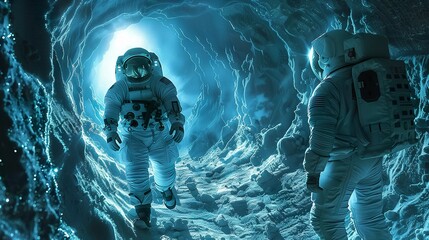 Astronauts Exploring Mysterious Ice Cave on Alien Planet - ai generative