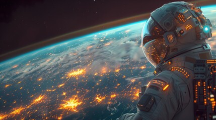 Astronaut Observing Earth from Space with Glowing City Lights - ai generative