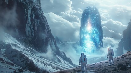 Astronauts Discover Mysterious Glowing Monolith in Icy Mountain Landscape - ai generative