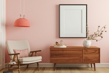 Contemporary living room with mockup picture frame. Suitable for showcasing artwork and interior design in a homey environment.