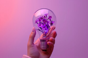 Female hand holds glowing light bulb with purple flowers inside against magenta background