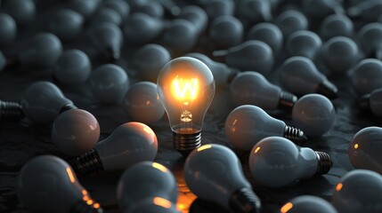 One of Lightbulb glowing among shutdown light bulb in dark area with copy space for creative thinking