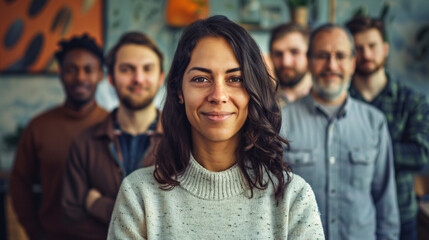 Obraz premium Confident woman in the foreground with her multicultural team blurred in the background