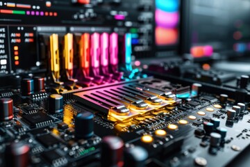 Fototapeta premium High Tech Circuit Board with Glowing AI Components and Neon Lights