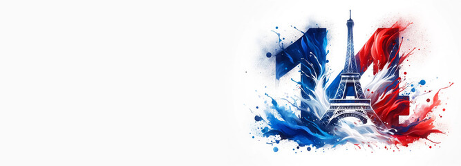 Eiffel Tower with the number 14 in red, white, and blue colors on a white background. Concept of Bastille Day, celebrated on July 14 in France. Useful for holiday promotions and cultural events.