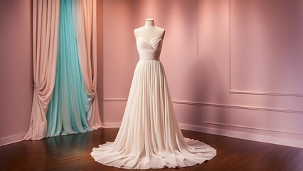  A beautiful, stylish wedding dress or bridal dress hanging on a mannequin in a luxury boutique. Fashion look. Interior of bridal salon design. 