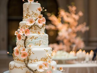 A beautifully decorated wedding cake with floral accents and intricate details