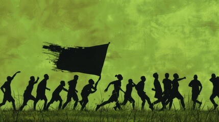 Silhouette of a group of running supporters holding a flag on a green background.