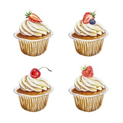 Muffins set. Hand drawn watercolor illustration isolated on white background. For birthday cards, invitations, menu, bakery, posters, banners, labels.