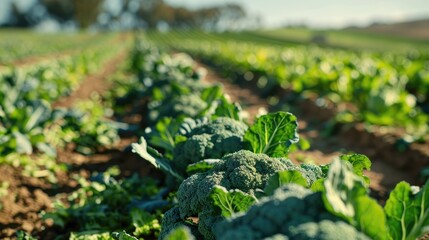 Broccoli Detail Stands out Among Rows of Crops on the Farm