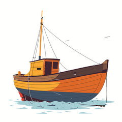 Fishing boat beached calm sea sunny day. Classic wooden fishing vessel grounded shore, clear sky. Colorful beached boat, waves lapping hull, seabirds overhead, no people