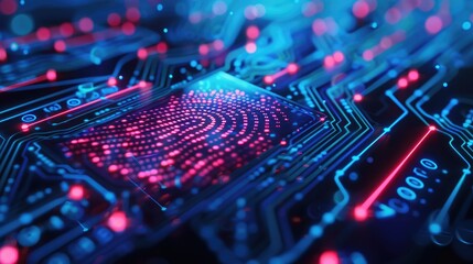 Obraz premium Digital fingerprint scan for verified credentials, secure interface, neon blue and black theme. Verified credentials