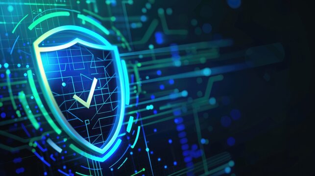 Neon blue and green hues highlighting a cybersecurity verification icon with shield and checkmark on a digital background. Verified credentials