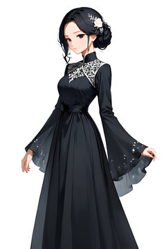 A girl in a very beautiful ornate dress, black silhouette of a beautiful woman, transparent background, sophisticated, highly detailed, modest dress