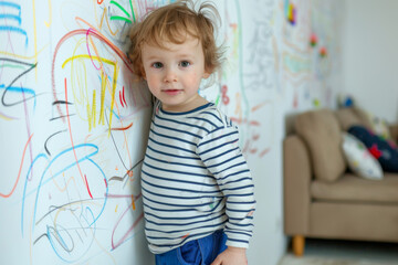 Naklejka premium Little kid made scribbling with colored pencils on white wall. Chaotic and messy drawing in living room at home. Child's artistic exploration, difficulties of parenthood