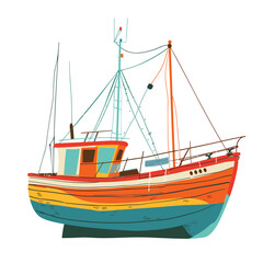 Colorful fishing boat illustration masts, nets, wheelhouse. Vintage style seafaring vessel, marine transportation. Oceanready commercial fisher isolated white background