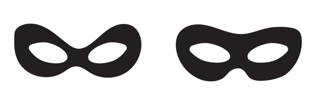 Mask superhero carnival villain or burgar vector icon set. Black masquerade costume eye mask silhouette hidden person face. Simple design incognito party masque shape template illustration.