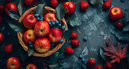 Red Apples, Blueberries, and Strawberries in a Wicker Basket on a Blue Background