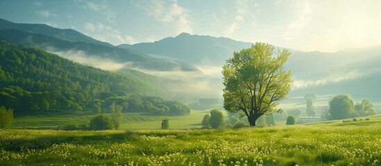 Morning Light Shining on Mountain Meadow in Springtime Countryside