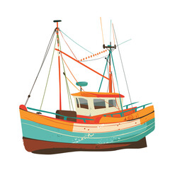 Fishing boat illustration, colorful vessel isolated white background. Sea transport commercial fishing, orange teal design. Nautical theme, maritime watercraft masts, wheels, ropes