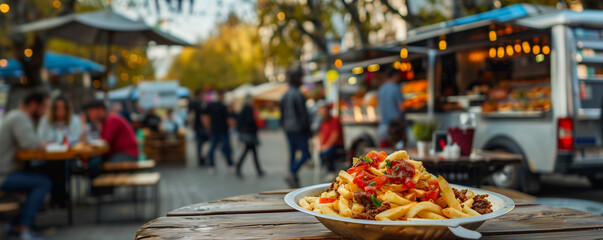 Fototapeta premium A photo captures a serving of fries with a food truck and street scene in the background.