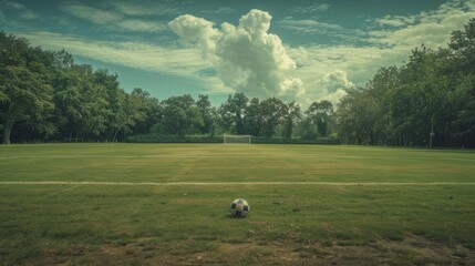 A soccer-themed and vintage wallpaper with a lone ball on a green field and a goal far ahead.