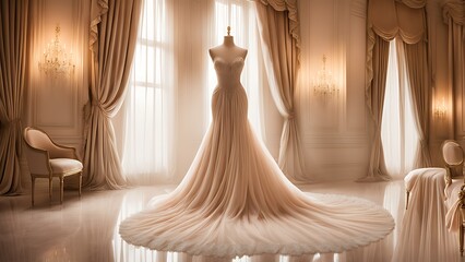  A beautiful, stylish wedding dress or bridal dress hanging on a mannequin in a luxury boutique. Fashion look. Interior of bridal salon design. 