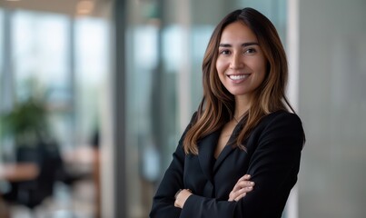 Confident smiling mature. Indian businesswoman with arm crossed standing in modern office. Successful business concept
