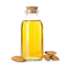 Bottle of almond oil and fresh nuts isolated on white