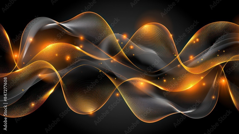 Poster an artistic digital rendering of orange and gold glowing waves with particles on a dark background, 