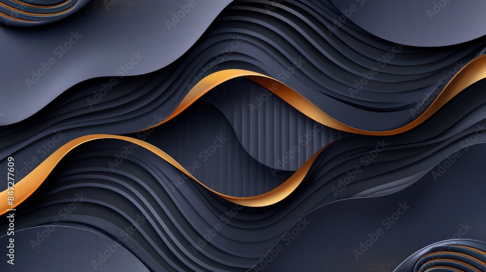 Poster layers of blue undulating shapes with elegant gold accents, creating a luxurious abstract pattern