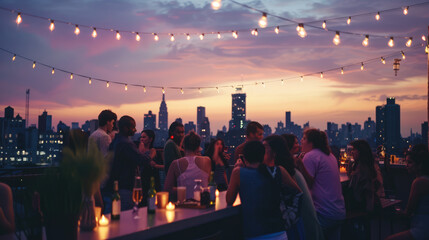 A rooftop party with young adults socializing, city skyline in the background, and string lights creating ambiance