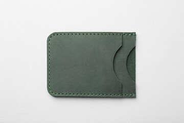 Empty leather card holder on light grey background, top view