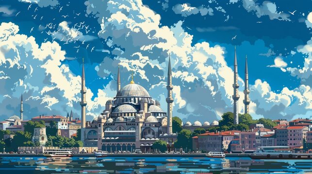 Bosporus with an iconic mosque, View of &Auml;&deg;stanbul . Represent Turkish architectur and culture. 