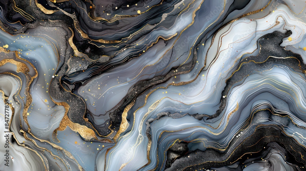 Poster an intricate abstract design showing wavy patterns of gold, black, and white resembling marble textu